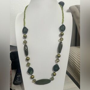 Long Green Resin Bead, glass seed beads, Necklace | Boho Artisan Statement